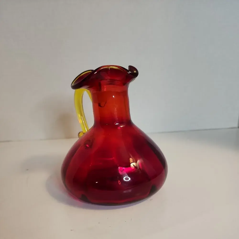 VTG Red Art Glass Optic Creamer Cruet Hand Blown Yellow Trim & Applied Handle
